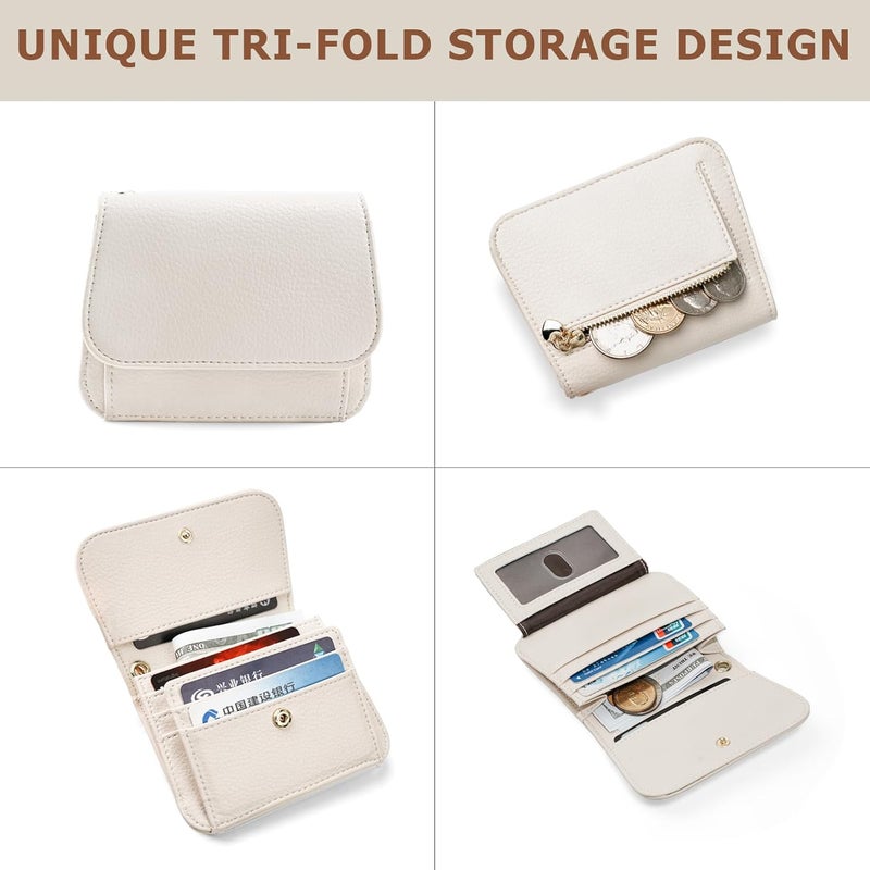 Sunpour Women Small Wallet RFID Blocking Slim Wallet with Coin Pocket Tri-Fold Credit Card Holder with ID Window and Keychain(Beige) - Image 3